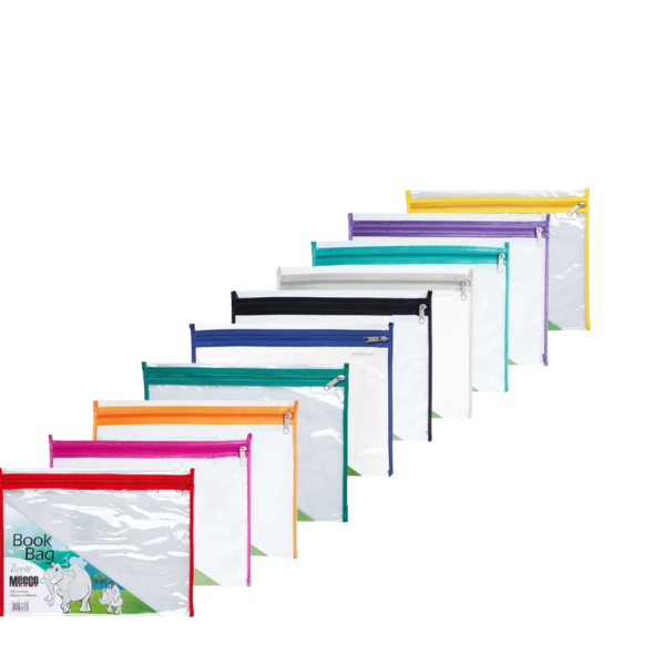 A4 PVC Book Bag with Zip 250 Micron Assorted Colours (Each)